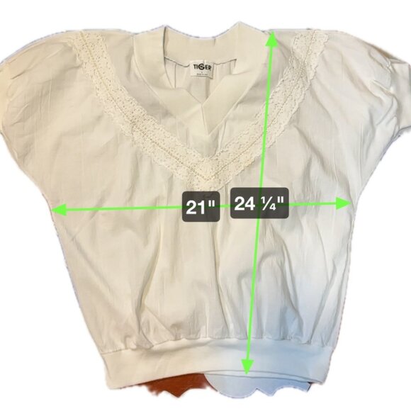 Vintage 90s Tiger White Lace Trim V Neck Top Sz L Banded Hem Sleeve Cuffs Beachy - Picture 7 of 8